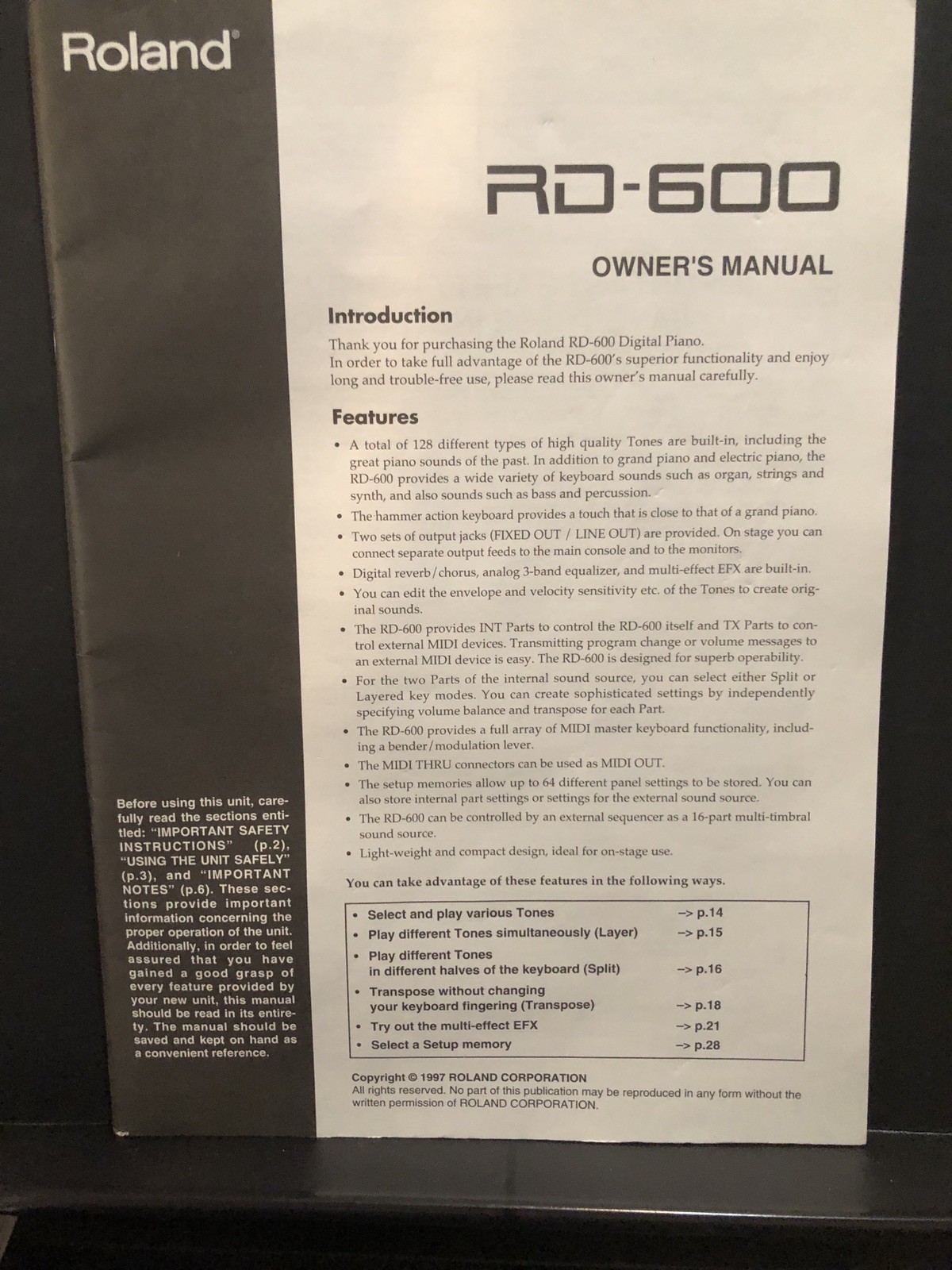 Roland RD-600 Owner&rsquo;s Instruction Manual: 80 Pages