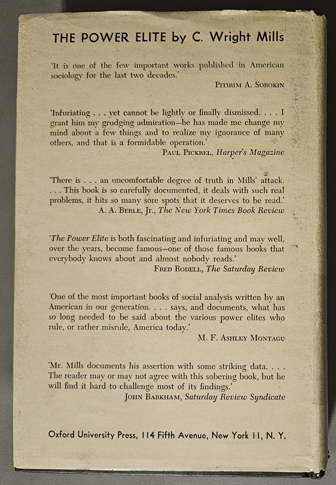 The Power Elite by C. Wright Mills HCDJ 2nd printing 1956