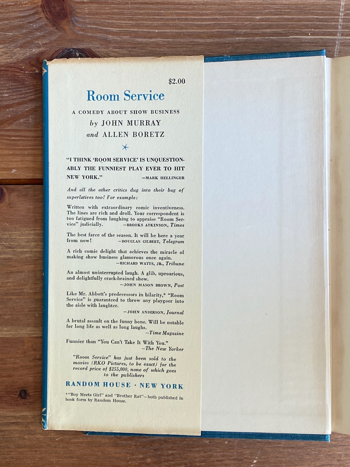 Broadway Comedy ~ Room Service ~ John Murray & Allen Boretz ~ 1937 1st HC DJ📌