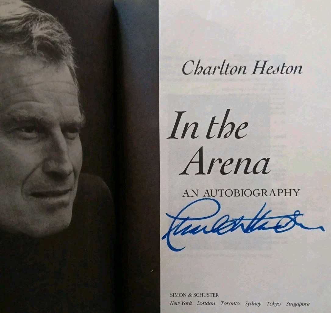 CHARLTON HESTON Signed 1st Edition 1st Printing IN THE ARENA HCDJ 2ND AMENDMENT