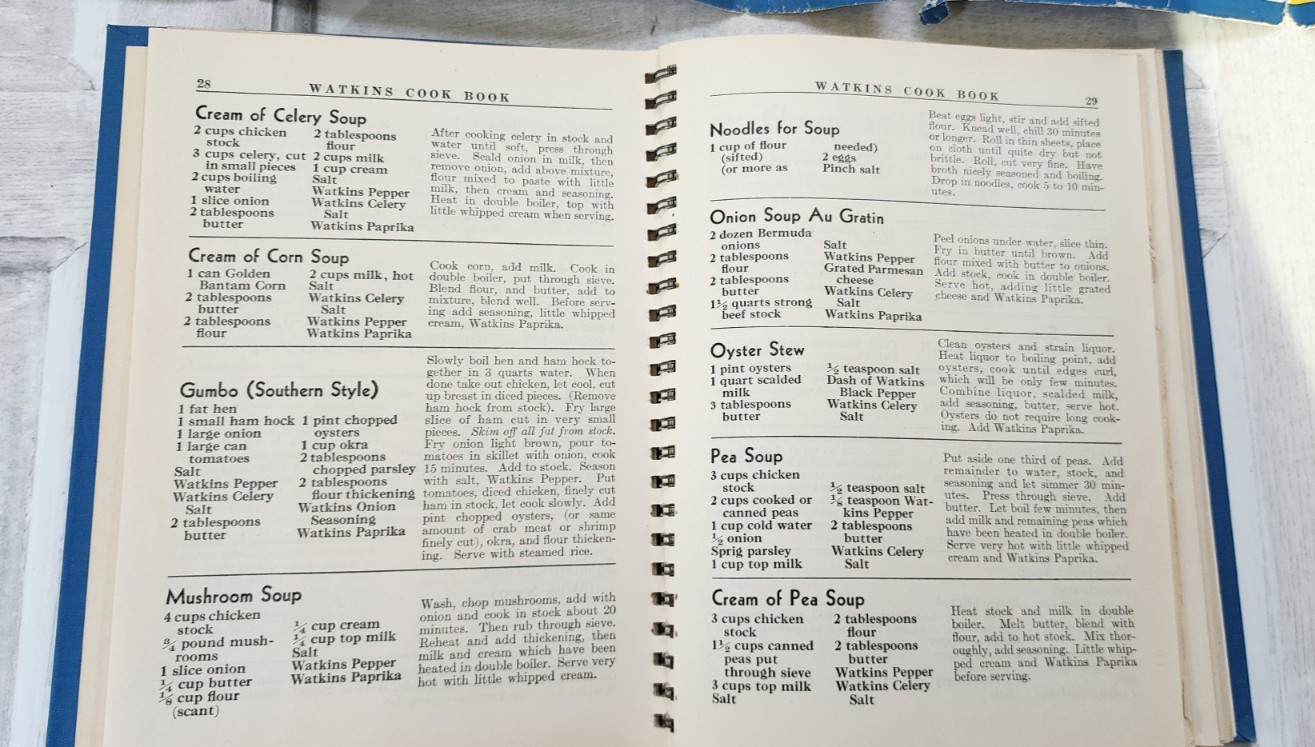 1938 Watkins Cook Book hardcover spiral-bound color advertisements 288 pages fun