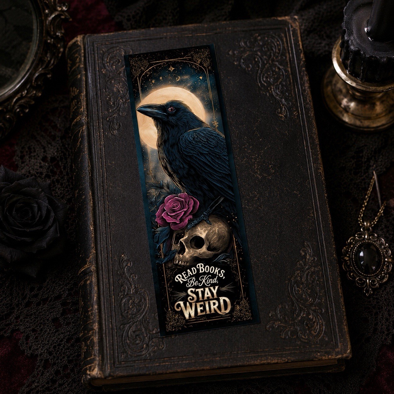 🖤 Gothic Raven Bookmark – “Read Books, Be Kind, Stay Weird” 🖤