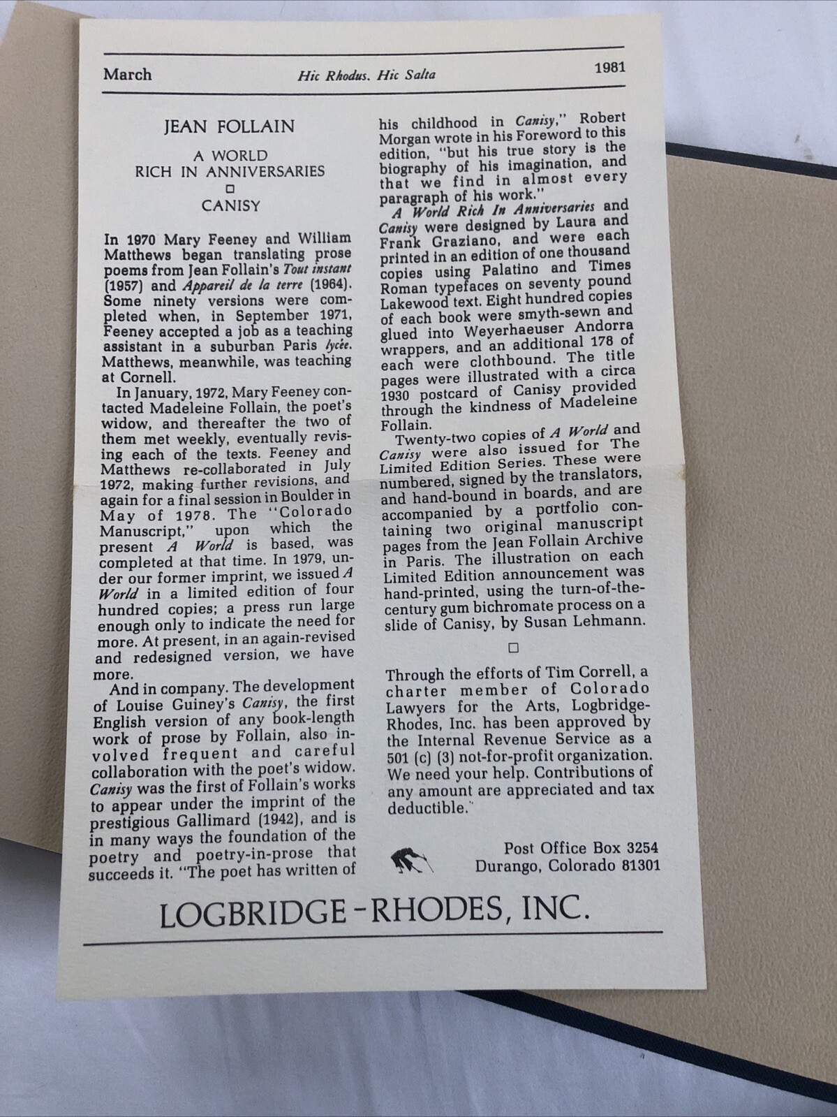 A World Rich in Anniversaries (1981) Jean Follain Eng/Fre Logbridge-Rhodes