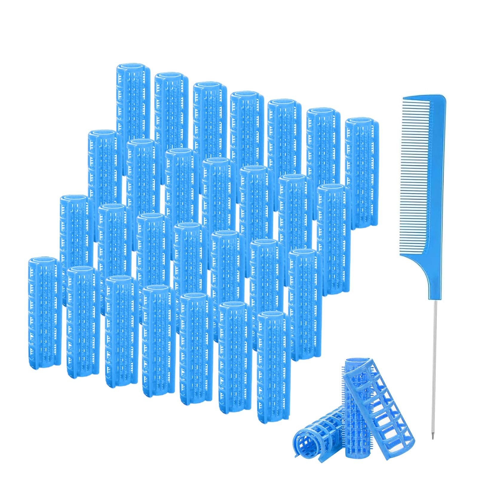 ZMD 28PCS Small Plastic Hair Curlers Rollers Set, 0.6In/1.5cm 0.6 Inch, Blue