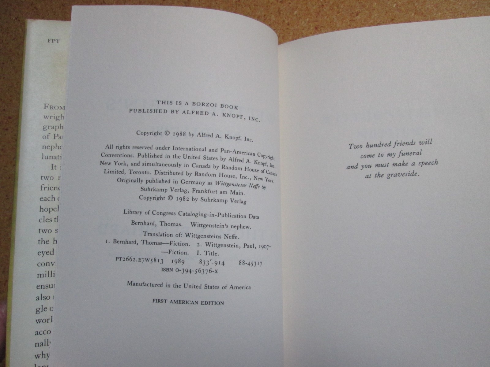 Thomas Bernhard hardback Wittgenstein&rsquo;s Nephew 1989 1st American Edition
