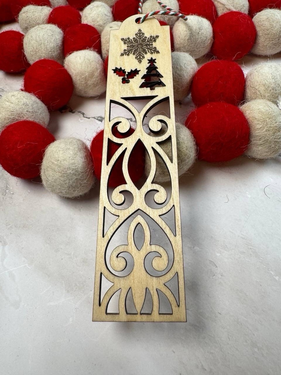 Christmas Bookmark Wood 5×1.5 in Festive Snowflake Tree Holly Design Holiday Gif